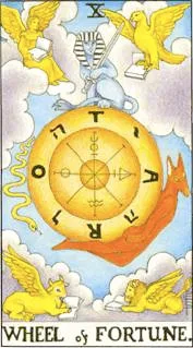 8-9-10 of Cups: Saturn-Jupiter-Mars in Pisces Decans: Dissolving Delusions and Detachment - 27 Wheel of Fortune - Rider-Waite-Smith Tarot
