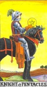 5 of Pentacles: Mercury in Taurus: Resisting Material Changes - 28 Knight of Pentacles - Rider-Waite-Smith Tarot