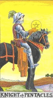 4 of Wands: Venus in Aries: Celebrate the Successful Union - 29 Knight of Pentacles - Rider-Waite-Smith Tarot