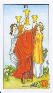 2-3-4 of Cups - Venus-Mercury-Moon in Cancer Decans - Exploring Emotional Security - 30 3 of Cups - Rider-Waite-Smith Tarot