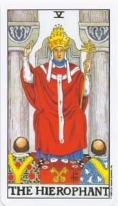 5 of Pentacles: Mercury in Taurus: Resisting Material Changes - 9 The Hierophant - Rider-Waite-Smith Tarot