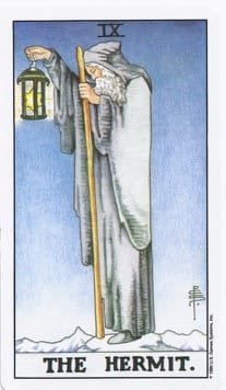 8-9-10 of Pentacles: Sun-Venus-Mercury in Virgo Decans: Discernment Materialized - 4 The Hermit - Rider-Waite-Smith Tarot Deck