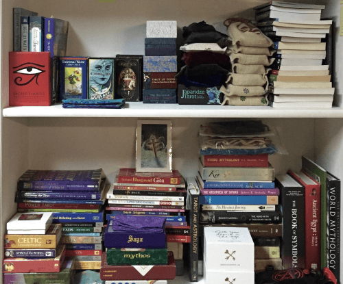 Storing And Caring For Your Tarot Card Deck - 2 Tarot Decks and Books in Shelf