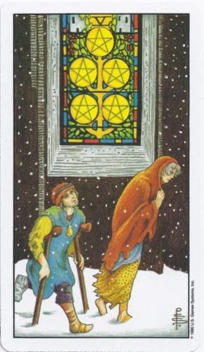 5 of Pentacles: Mercury in Taurus: Resisting Material Changes - 16 5 of Pentacles - Rider-Waite-Smith Tarot