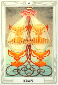 2-3-4 of Cups - Venus-Mercury-Moon in Cancer Decans - Exploring Emotional Security - 46 4 of Cups - Luxury - Thoth Tarot