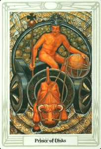 5 of Pentacles: Mercury in Taurus: Resisting Material Changes - 30 Prince of Disks - Thoth Tarot
