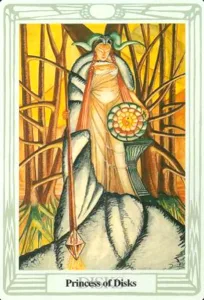 3 of Wands: Sun in Aries: Slay The Dragon - 29 Princess of Disks - Thoth Tarot