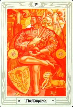 4 of Wands: Venus in Aries: Celebrate the Successful Union - 11 The Emperor - Thoth Tarot