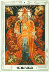 5 of Pentacles: Mercury in Taurus: Resisting Material Changes - 11 The Hierophant - Thoth Tarot