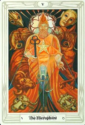7 of Pentacles: Saturn in Taurus: Overthinking Creates Failure - 19 The Hierophant - Thoth Tarot