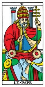 5 of Pentacles: Mercury in Taurus: Resisting Material Changes - 10 The Hierophant - Le Pape - Tarot de Marseilles