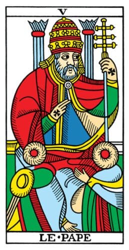 5 of Pentacles: Mercury in Taurus: Resisting Material Changes - 11 The Hierophant - Le Pape - Tarot de Marseilles