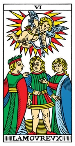 8 of Swords: Jupiter in Gemini: Disruption in Pattern Expansion - 12 The Lovers - Tarot de Marseilles