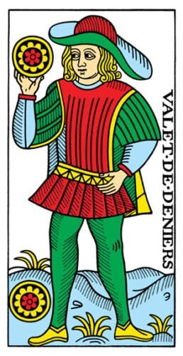 5 of Pentacles: Mercury in Taurus: Resisting Material Changes - 28 Page of Pentacles - Tarot de Marseilles
