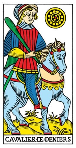 5 of Pentacles: Mercury in Taurus: Resisting Material Changes - 32 Knight of Pentacles - Tarot de Marseilles
