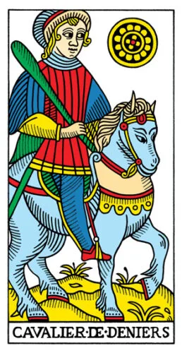 4 of Wands: Venus in Aries: Celebrate the Successful Union - 30 Knight of Pentacles - Tarot de Marseilles