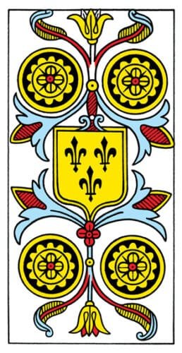 2-3-4 of Pentacles: Jupiter-Mars-Sun in Capricorn Decans: Material Structure of Desire - 47 4 of Pentacles - Tarot de Marseille
