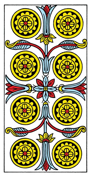 Tarot Card Reading + Learn How to Read Tarot Cards - 13 8 of Pentacles - Tarot de Marseille