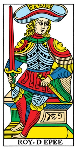 7 of Pentacles: Saturn in Taurus: Overthinking Creates Failure - 41 King of Swords - Tarot de Marseilles