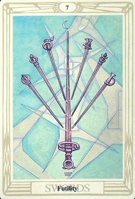 5-6-7 of Swords: Venus-Mercury-Moon in Aquarius Decans: Intelligent Patterns of Collective Philosophy - 51 7 of Swords - Futility - Thoth Tarot