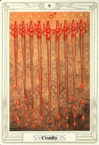 9 of Swords: Mars in Gemini: Weaponizing Mental Sharpness - 18 9 of Swords - Cruelty - Thoth Tarot