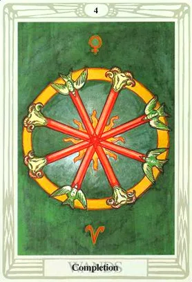 4 of Wands: Venus in Aries: Celebrate the Successful Union - 17 4 of Wands - Completion - Thoth Tarot