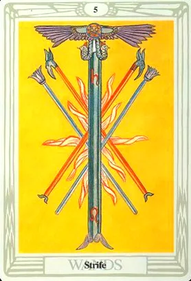 5-6-7 of Wands - Saturn-Jupiter-Mars in Leo Decans: Three Kings Breaking Cycles - 22 5 of Wands - Strife - Thoth Tarot