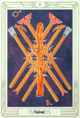 5-6-7 of Wands - Saturn-Jupiter-Mars in Leo Decans: Three Kings Breaking Cycles - 51 7 of Wands - Valor - Thoth Tarot