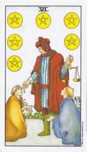 8-9-10 of Pentacles: Sun-Venus-Mercury in Virgo Decans: Discernment Materialized - 16 6 of Pentacles - Rider-Waite-Smith Tarot