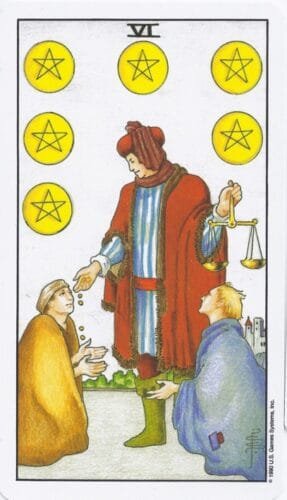 6 of Pentacles: Moon in Taurus: Manifesting Satisfaction - 28 6 of Pentacles - Rider-Waite-Smith Tarot