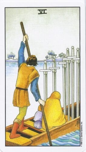 5-6-7 of Swords: Venus-Mercury-Moon in Aquarius Decans: Intelligent Patterns of Collective Philosophy - 39 6 of Swords - Rider-Waite-Smith Tarot Card Deck