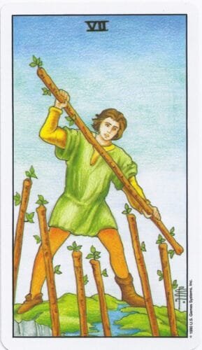 5-6-7 of Wands - Saturn-Jupiter-Mars in Leo Decans: Three Kings Breaking Cycles - 49 7 of Wands - Rider-Waite-Smith