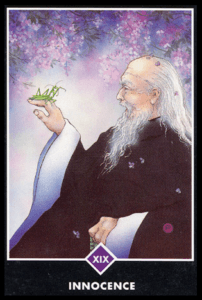 3 of Wands: Sun in Aries: Slay The Dragon - 5 Sun - Innocence - Osho Zen Tarot