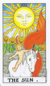 3 of Wands: Sun in Aries: Slay The Dragon - 5 The Sun - Rider-Waite-Smith Tarot