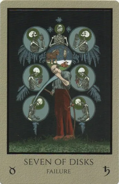 7 of Pentacles: Saturn in Taurus: Overthinking Creates Failure - 3 7 of Disks - Failure - Telos Tarot