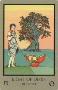 8-9-10 of Pentacles: Sun-Venus-Mercury in Virgo Decans: Discernment Materialized - 6 8 of Pentacles - Prudence - Telos Tarot