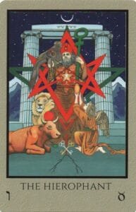 5 of Pentacles: Mercury in Taurus: Resisting Material Changes - 12 The Hierophant - Telos Tarot