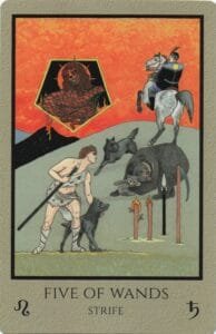 5-6-7 of Wands - Saturn-Jupiter-Mars in Leo Decans: Three Kings Breaking Cycles - 7 5 of Wands - Strife - Telos Tarot