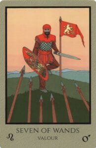 5-6-7 of Wands - Saturn-Jupiter-Mars in Leo Decans: Three Kings Breaking Cycles - 19 7 of Wands - Valour - Telos Tarot