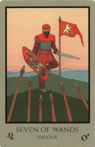 5-6-7 of Wands - Saturn-Jupiter-Mars in Leo Decans: Three Kings Breaking Cycles - 40 7 of Wands - Valour - Telos Tarot