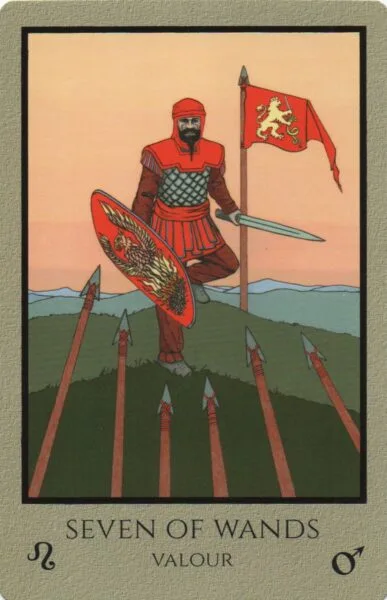 5-6-7 of Wands - Saturn-Jupiter-Mars in Leo Decans: Three Kings Breaking Cycles - 40 7 of Wands - Valour - Telos Tarot