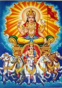 3 of Wands: Sun in Aries: Slay The Dragon - 12 Shri Surya Bhagvan in Horse Drawn Chariot - Hindu Mythology
