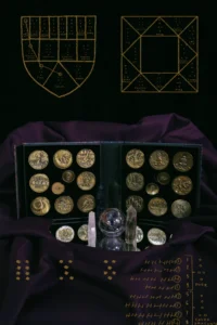 Geomantic Visions by James R. Eads - Set of Coins with the Geomantic Shield and Chart