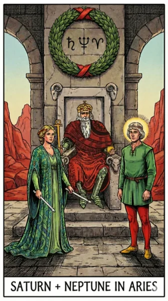 Saturn - Neptune Conjunction at 0 Degrees Aries -- The World card + The Hanged Man card enter the Throne Room of The Emperor