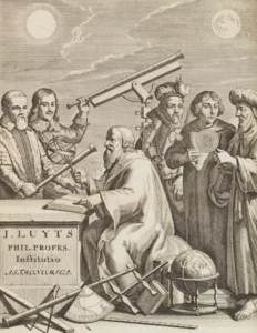 Astronomers gathered around a table with celestial charts and instruments.