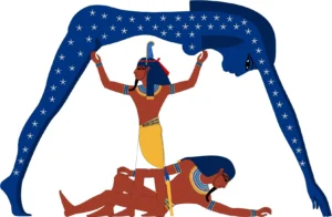 Goddess Nut arched over God Geb, seperated by God Shu