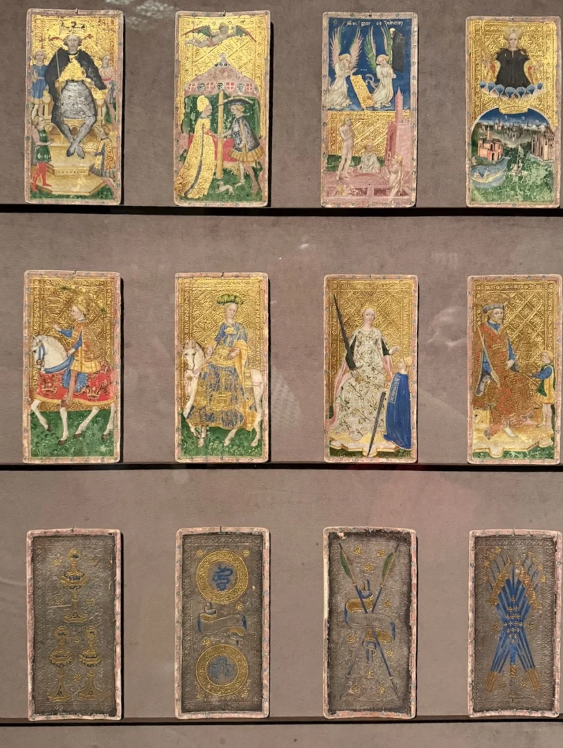 Visconti-Sforza Cards - Emperor - Lovers - Judgment - World - Knight of Cups - Knight of Wands - Queen of Swords - King of Cups