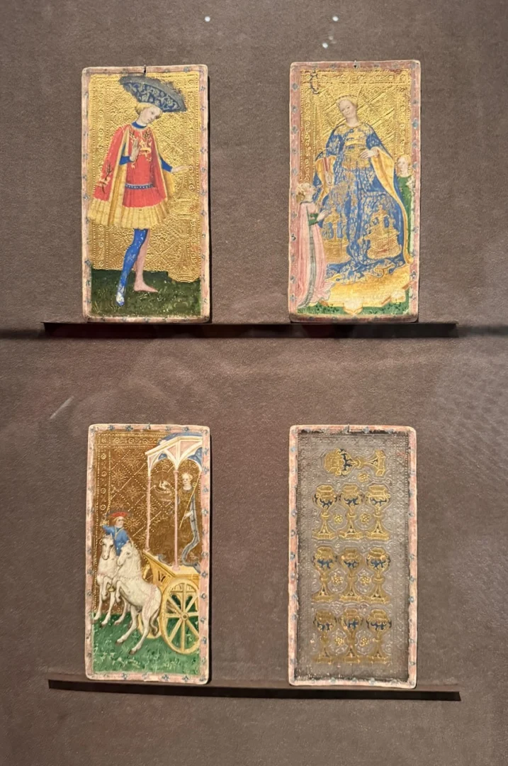Visconti-Sforza Cards - Page of Cups - Queen of Wands - Chariot - 10 of Cups