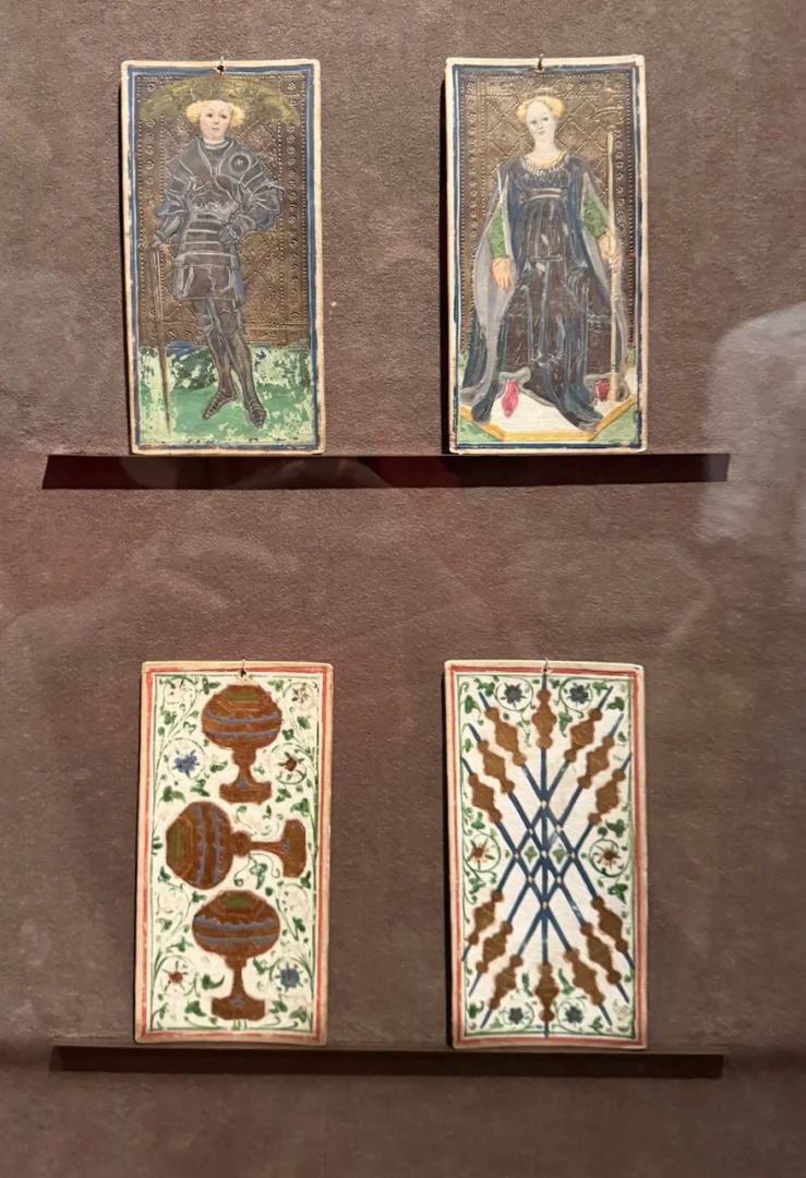 Visconti-Sforza Cards - Page of Swords - Queen of Wands - 3 of Cups - 7 of Wands