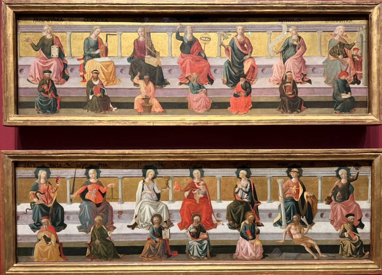 The Seven Liberal Arts and The Seven Virtues - Francesco PesellinoLiberal Arts: Arithmetic, Geometry, Music, Astrology/Astronomy, Logic, Rhetoric, Grammar.Seven Virtues: Prudence, Justice, Faith, Charity, Hope, Fortitude, Temperance.Women represent the abstract ideal while Men represent historical figures associated with the trait.